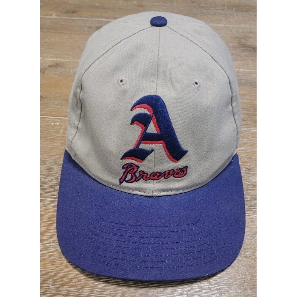 Vintage Atlanta Braves Hat Tan Blue Back Logo Snapback Cap MLB Baseball 90s